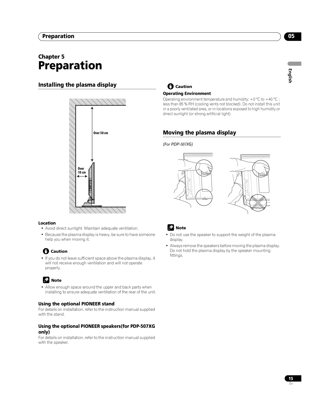 Pioneer PDP-507XG, PDP-427XG manual Preparation Chapter, Installing the plasma display, Operating Environment, Location 