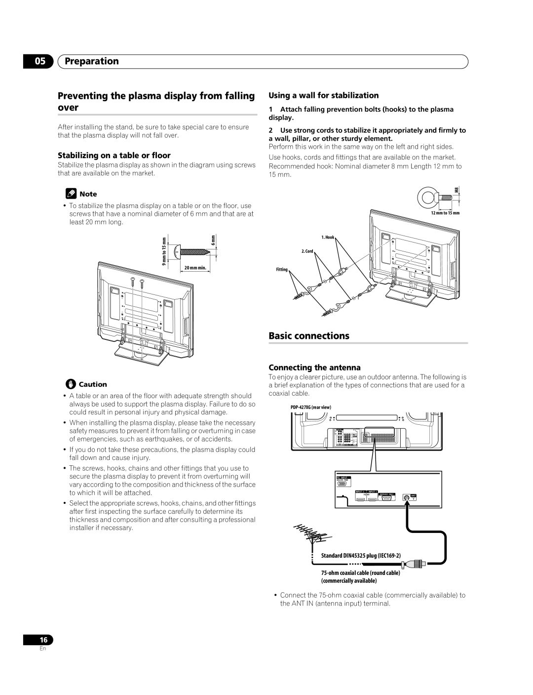 Pioneer PDP-427XG Preparation Preventing the plasma display from falling over, Basic connections, Connecting the antenna 