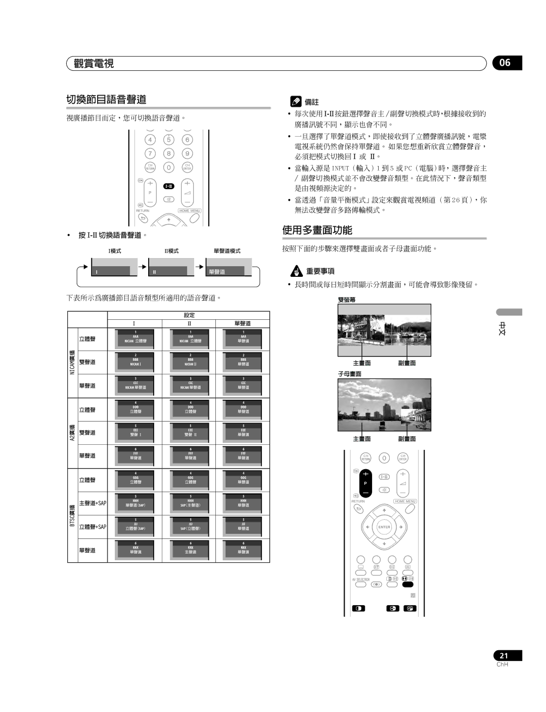 Pioneer PDP-507XG, PDP-427XG manual 觀賞電視 切換節目語音聲道, 使用多畫面功能, 切換語音聲道。 