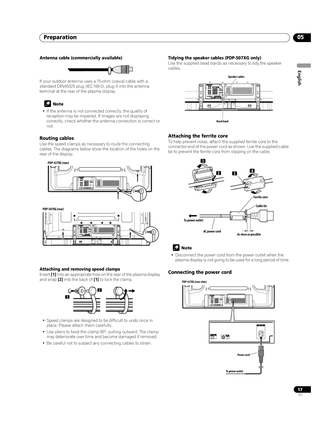 Pioneer PDP-507XG, PDP-427XG manual Preparation, Routing cables, Attaching the ferrite core, Connecting the power cord 