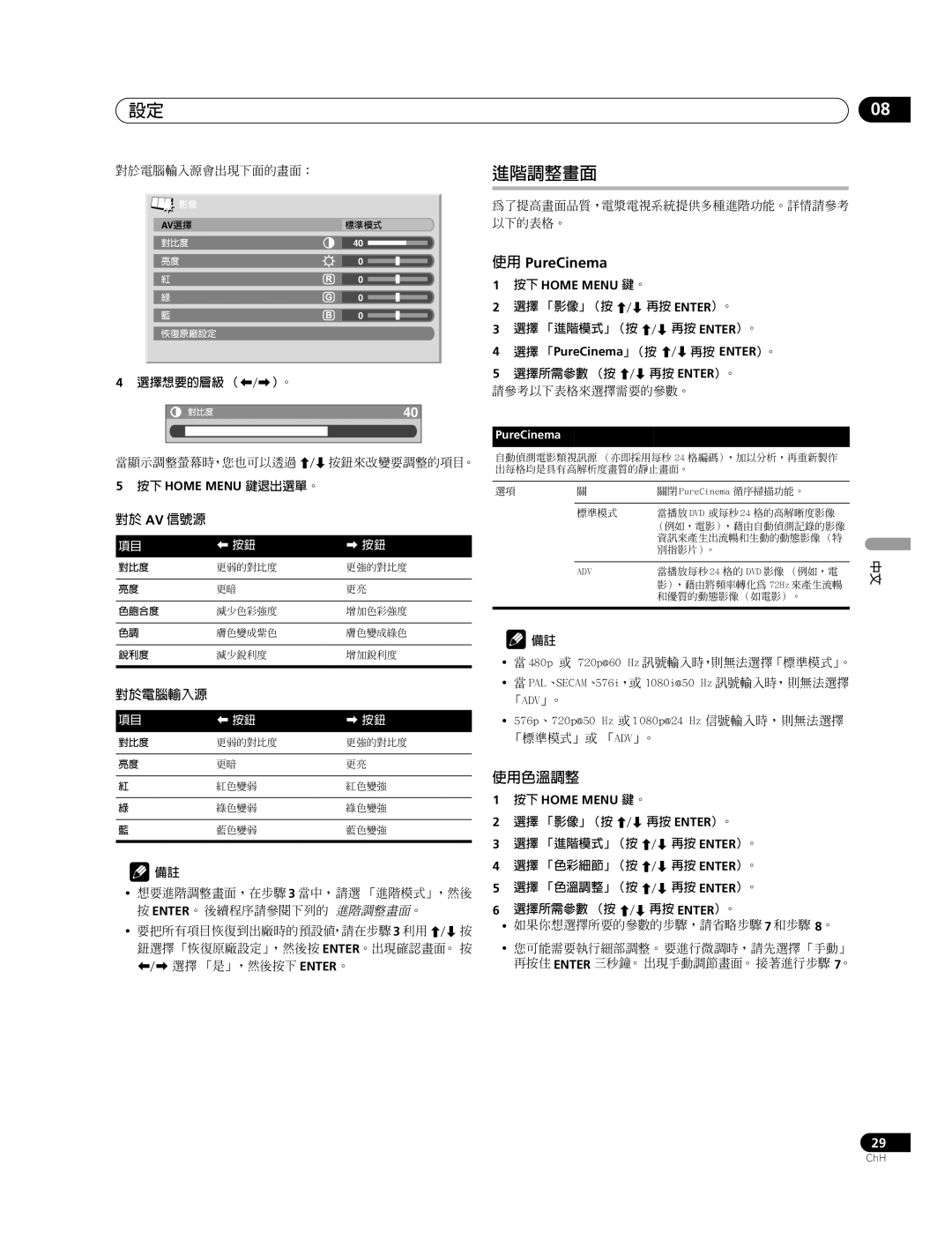 Pioneer PDP-507XG, PDP-427XG manual 進階調整畫面, 使用 PureCinema, 使用色溫調整 