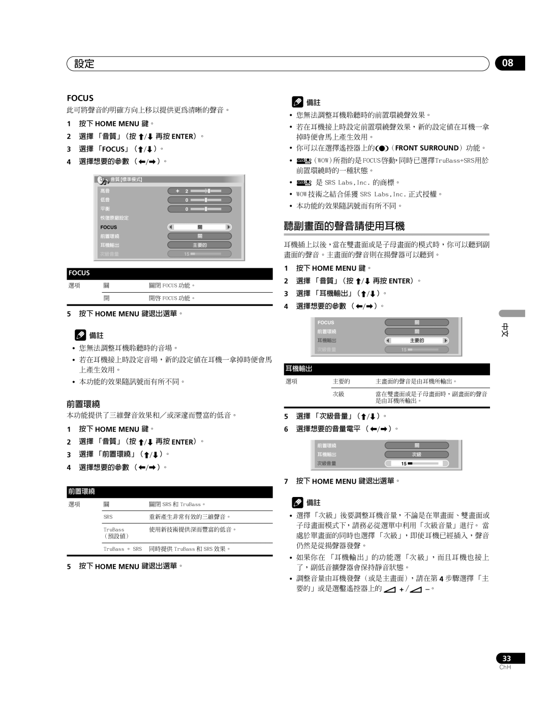 Pioneer PDP-507XG, PDP-427XG manual 聽副畫面的聲音請使用耳機, 前置環繞 