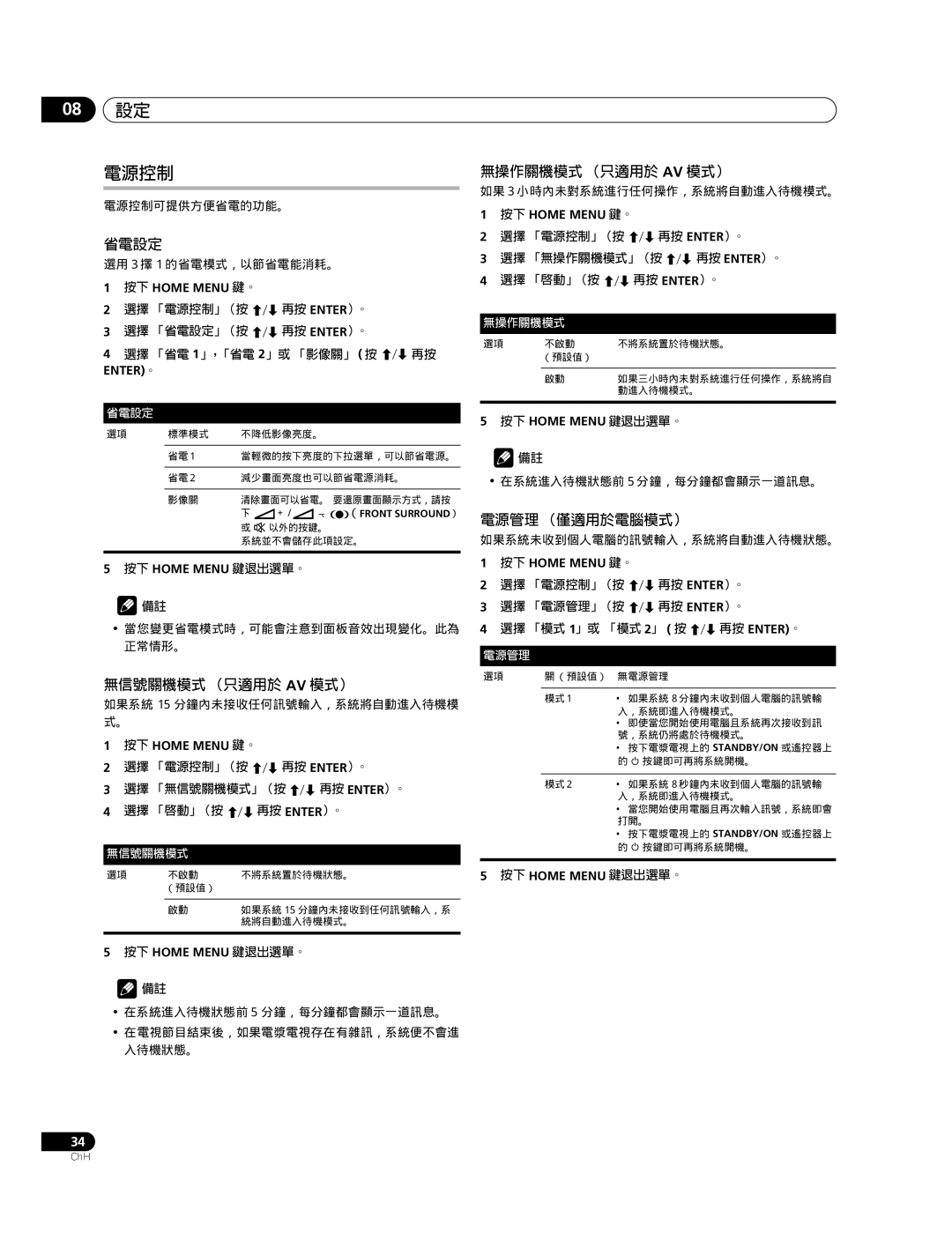 Pioneer PDP-427XG, PDP-507XG manual 08 設定 電源控制, 省電設定, 無信號關機模式 （只適用於 Av 模式）, 無操作關機模式 （只適用於 Av 模式）, 電源管理 （僅適用於電腦模式） 