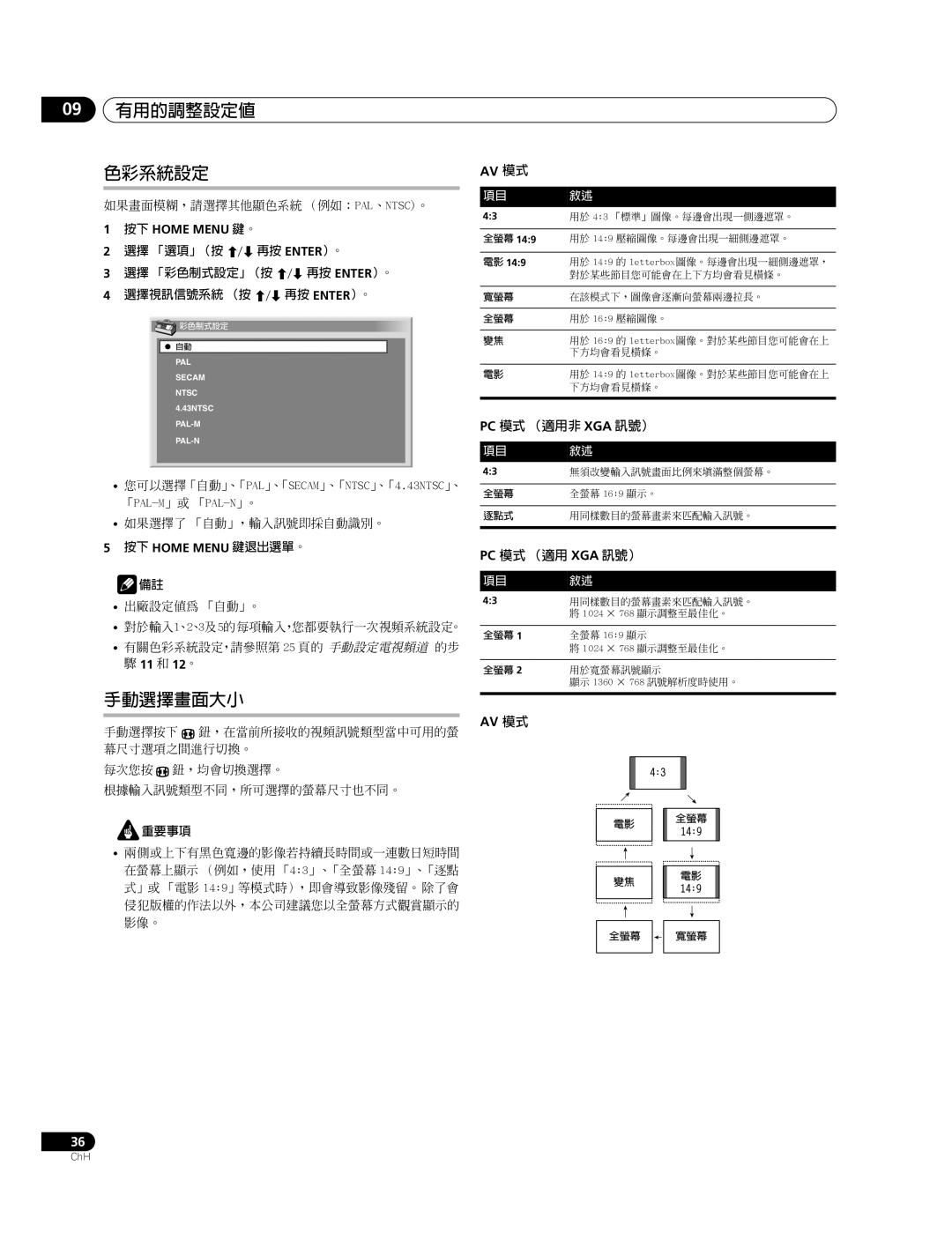 Pioneer PDP-427XG, PDP-507XG manual 09 有用的調整設定值 色彩系統設定, Av 模式 