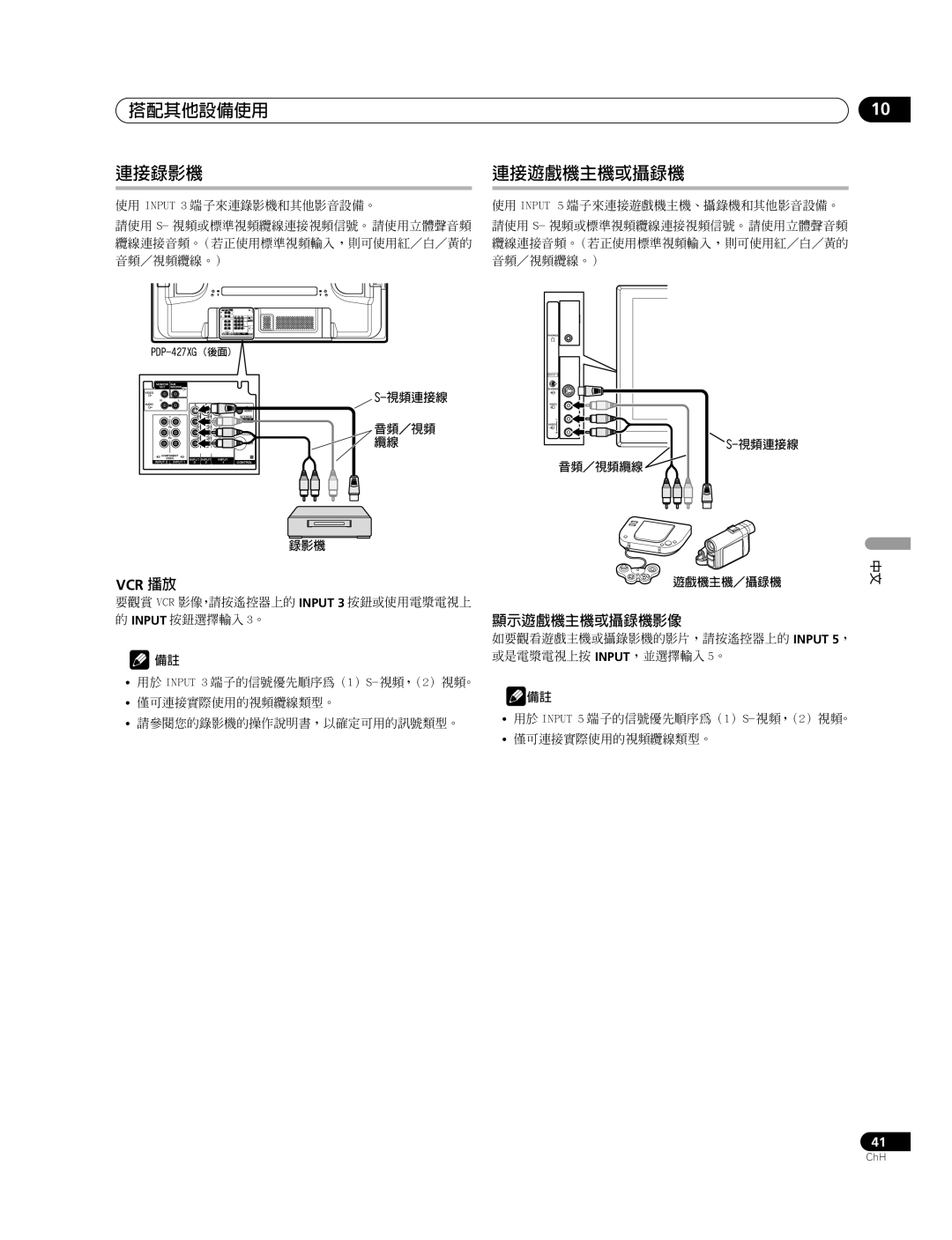 Pioneer PDP-507XG, PDP-427XG manual 搭配其他設備使用 連接錄影機, Vcr 播放, 顯示遊戲機主機或攝錄機影像 