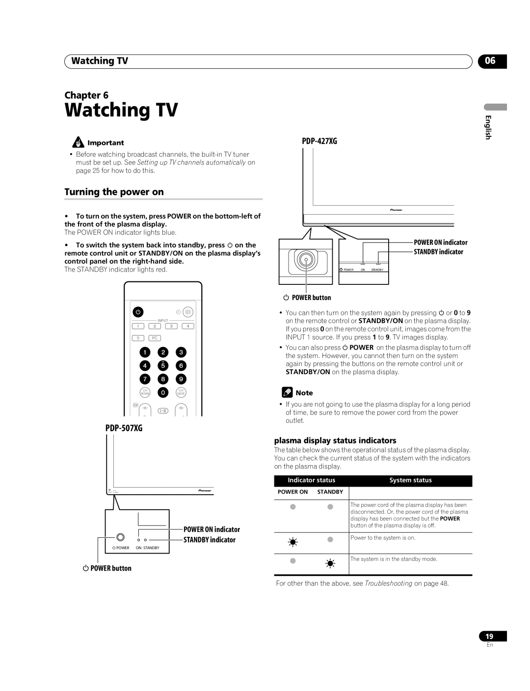 Pioneer PDP-507XG, PDP-427XG manual Watching TV Chapter, Turning the power on 