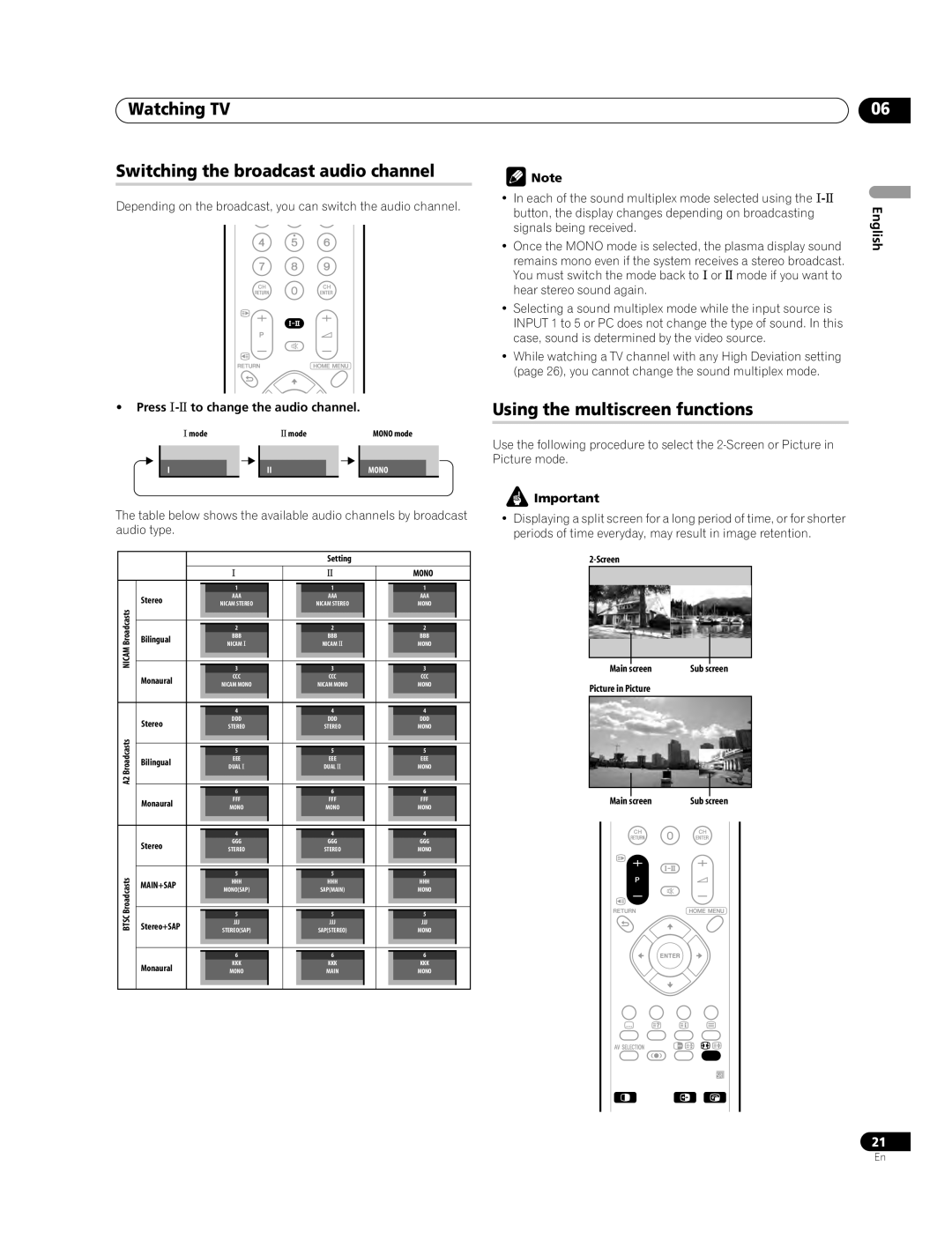 Pioneer PDP-507XG, PDP-427XG manual Watching TV Switching the broadcast audio channel, Using the multiscreen functions 