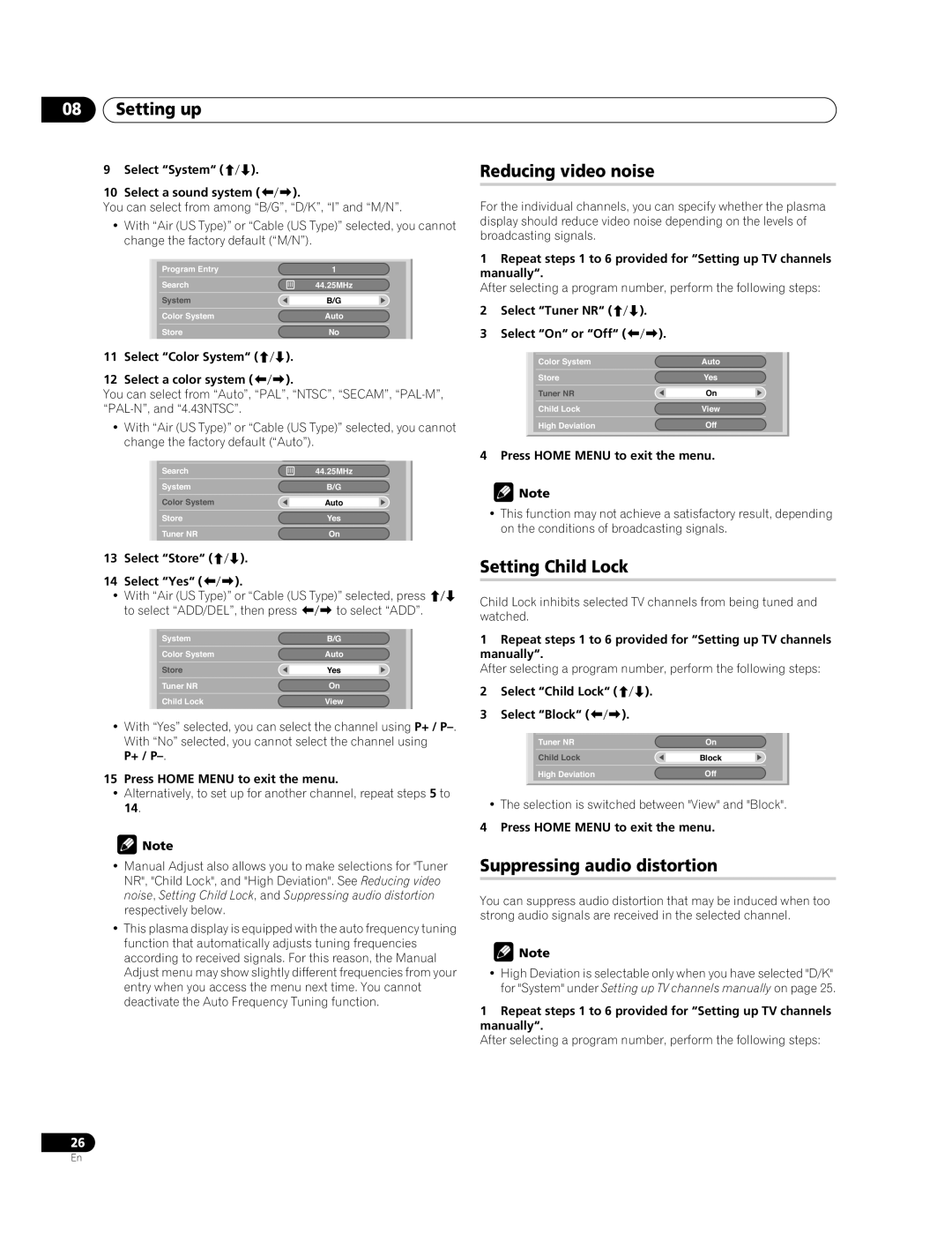 Pioneer PDP-427XG, PDP-507XG manual Setting up, Reducing video noise, Setting Child Lock, Suppressing audio distortion 