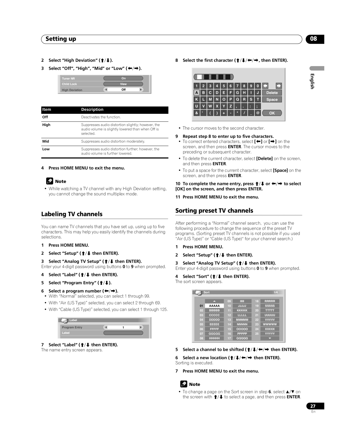 Pioneer PDP-507XG, PDP-427XG manual Labeling TV channels, Sorting preset TV channels, Select the first character Then Enter 