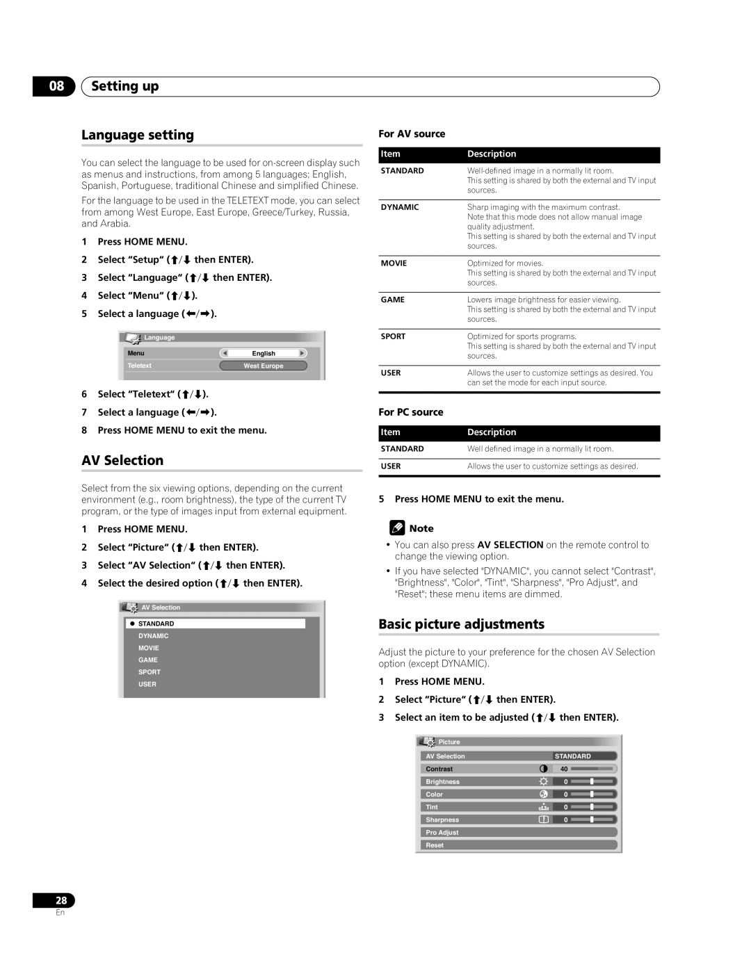 Pioneer PDP-427XG manual Setting up Language setting, AV Selection, Basic picture adjustments, For AV source, For PC source 