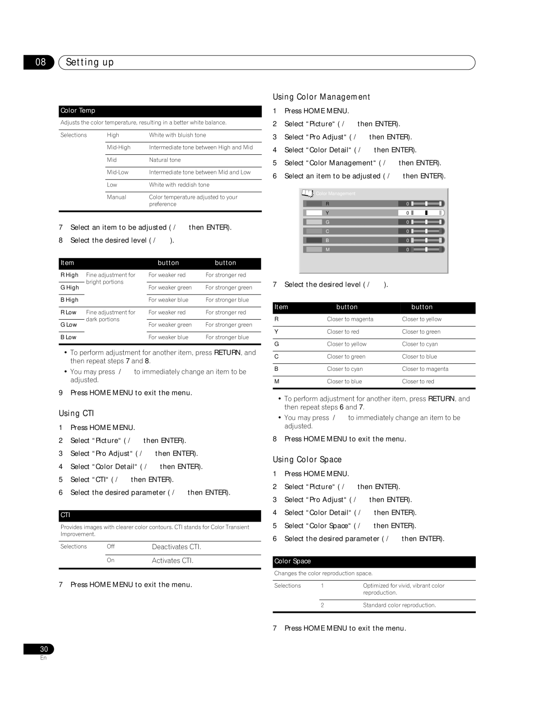 Pioneer PDP-427XG, PDP-507XG manual Using CTI, Using Color Management, Using Color Space, Color Temp 