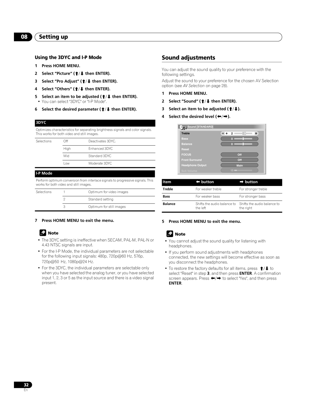 Pioneer PDP-427XG, PDP-507XG manual Sound adjustments, Using the 3DYC and I-P Mode, Press Home Menu Select Sound Then Enter 