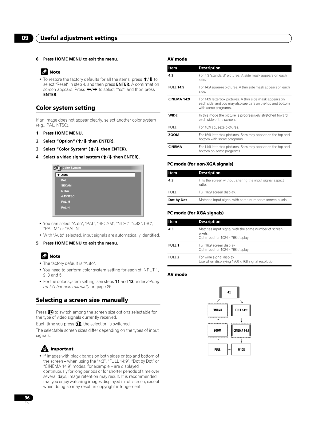 Pioneer PDP-427XG, PDP-507XG Useful adjustment settings, Color system setting, Selecting a screen size manually 