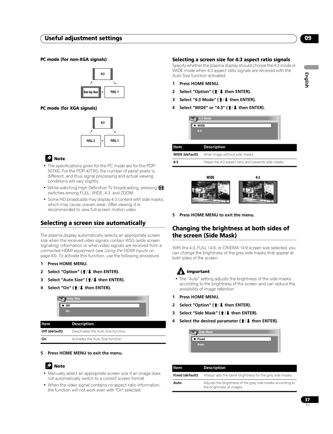 Pioneer PDP-507XG, PDP-427XG Selecting a screen size automatically, Selecting a screen size for 43 aspect ratio signals 