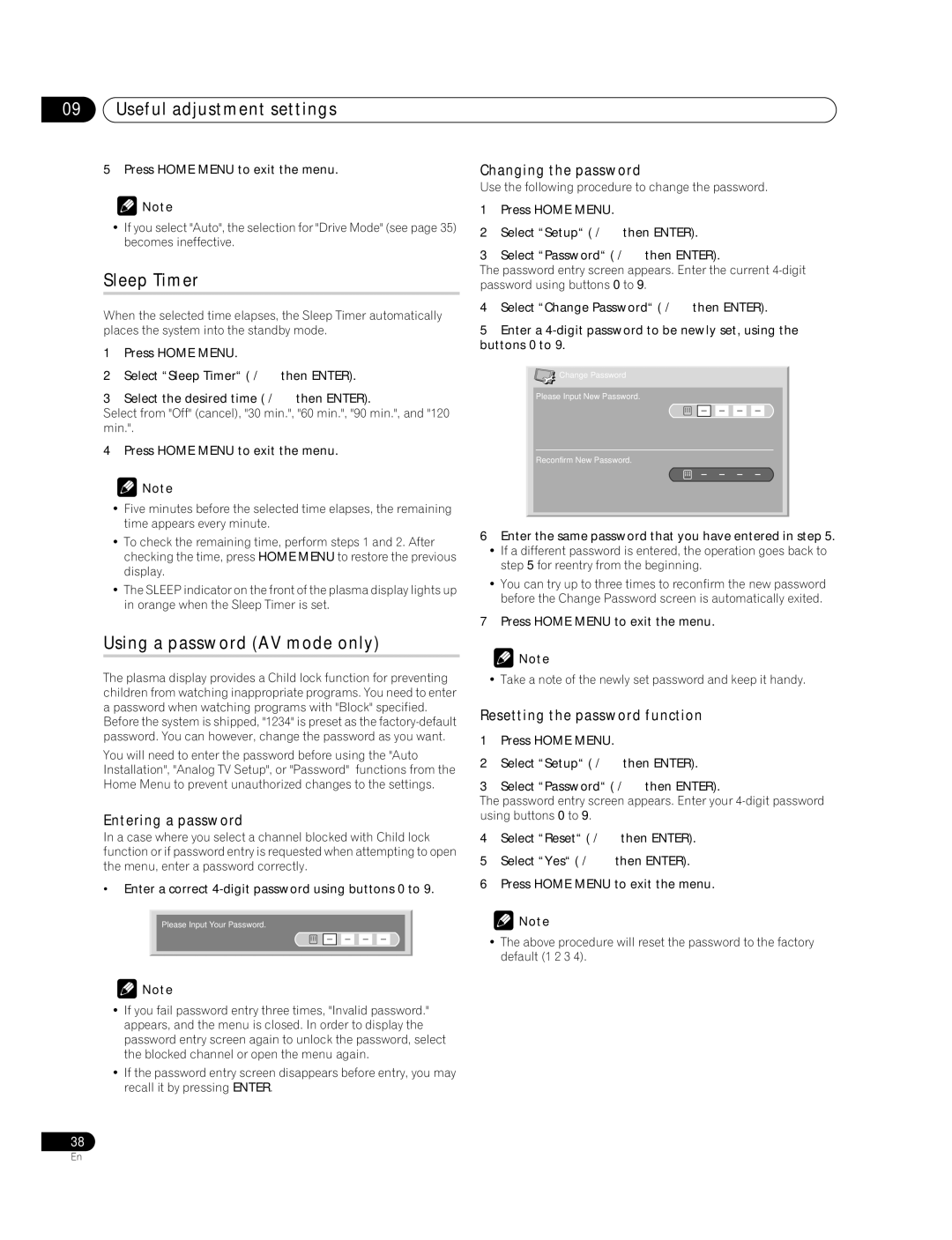 Pioneer PDP-427XG, PDP-507XG manual Sleep Timer, Using a password AV mode only, Entering a password, Changing the password 