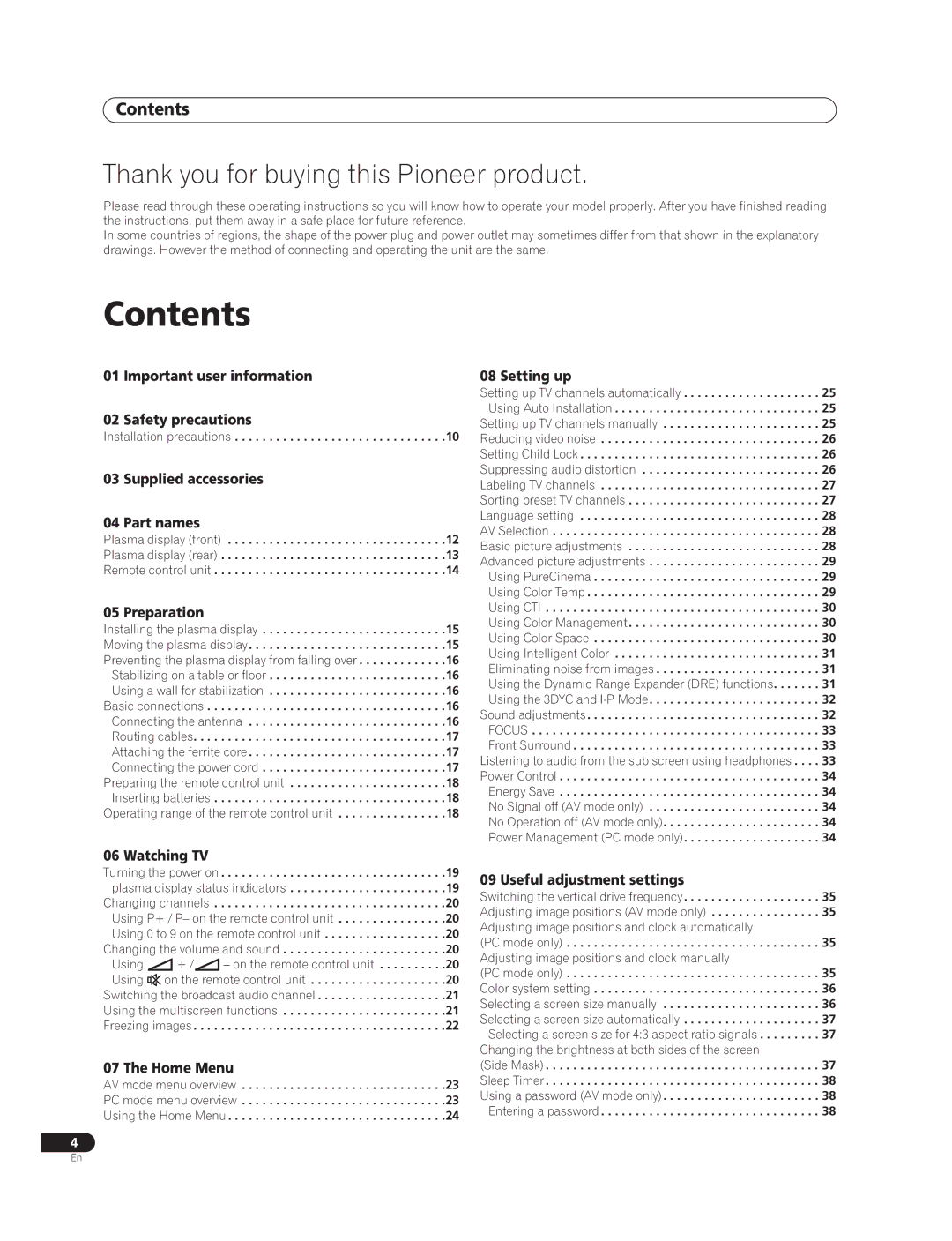 Pioneer PDP-427XG, PDP-507XG manual Contents 