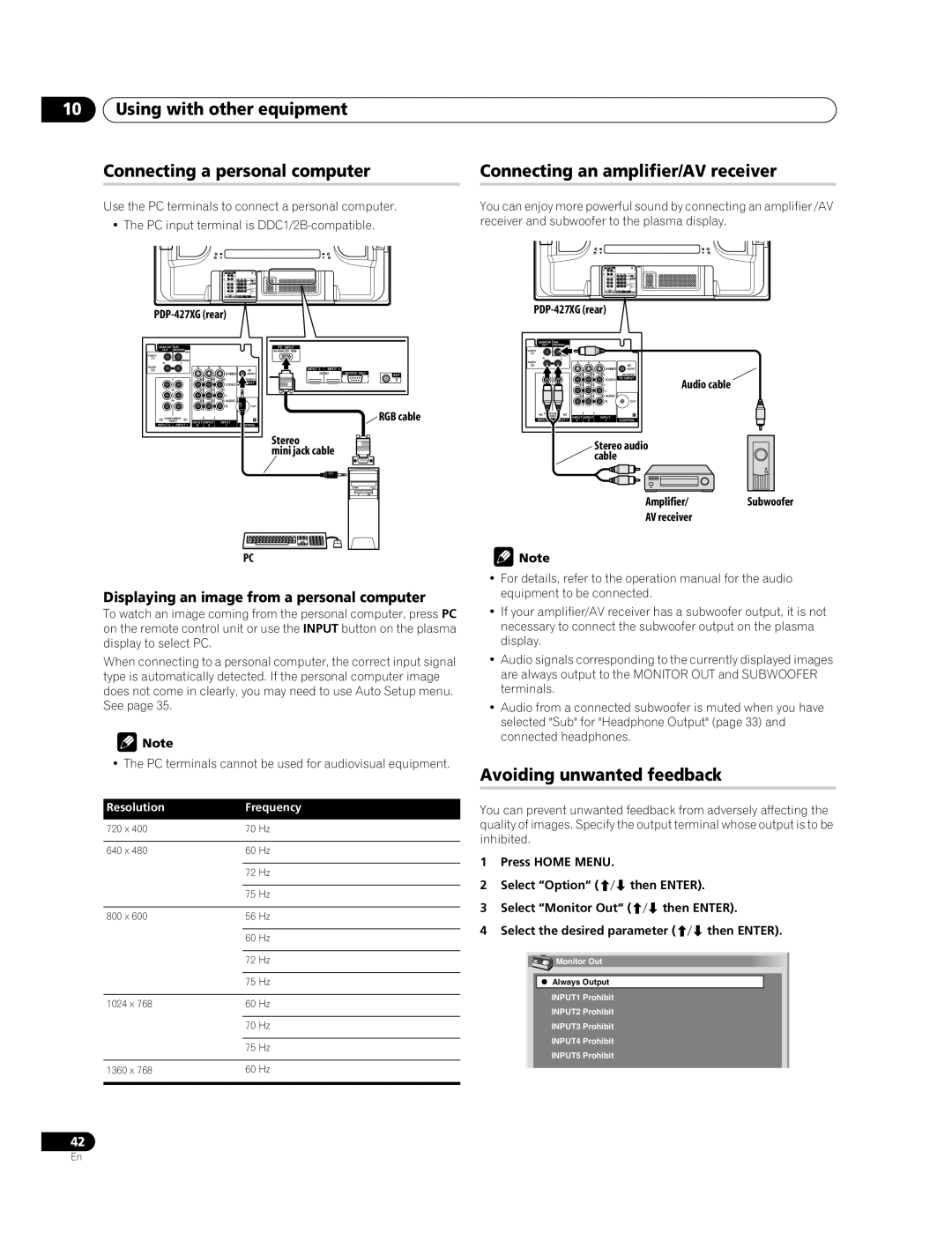 Pioneer PDP-427XG manual Using with other equipment Connecting a personal computer, Connecting an amplifier/AV receiver 