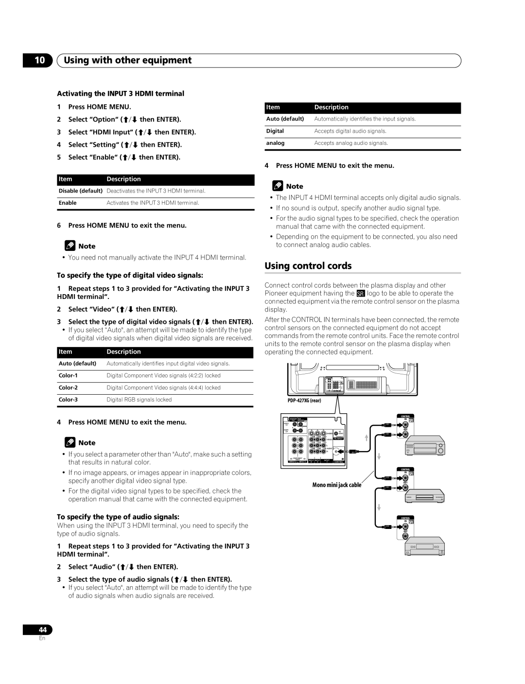 Pioneer PDP-427XG Using control cords, Activating the Input 3 Hdmi terminal, To specify the type of digital video signals 