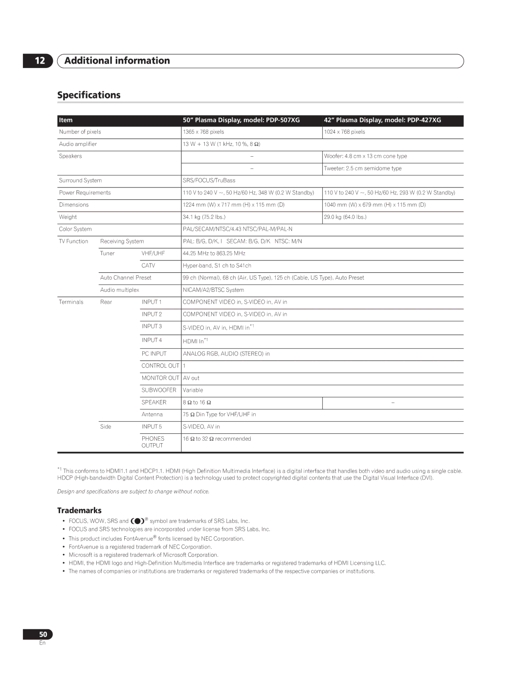 Pioneer PDP-427XG, PDP-507XG manual Additional information Specifications, Trademarks 