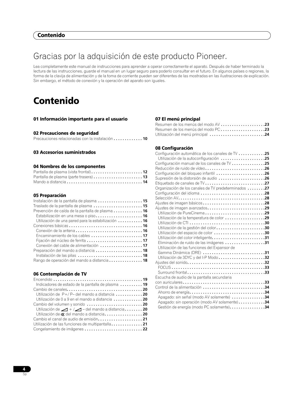 Pioneer PDP-427XG, PDP-507XG manual Contenido 