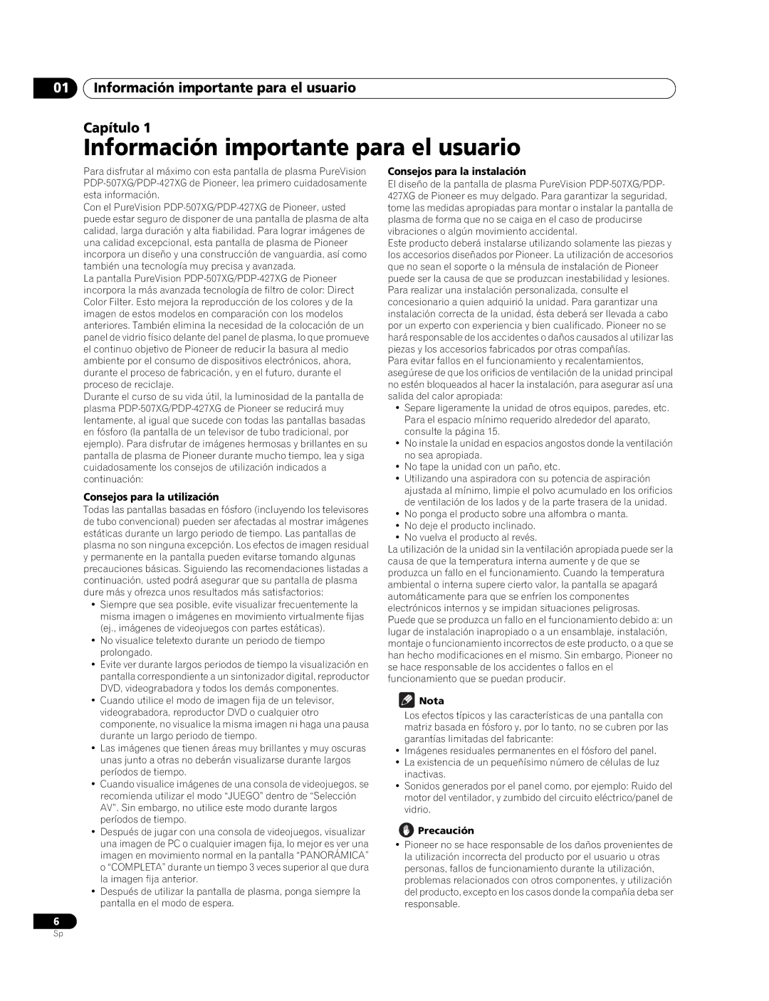 Pioneer PDP-427XG manual Información importante para el usuario Capítulo, Consejos para la utilización, Nota, Precaución 