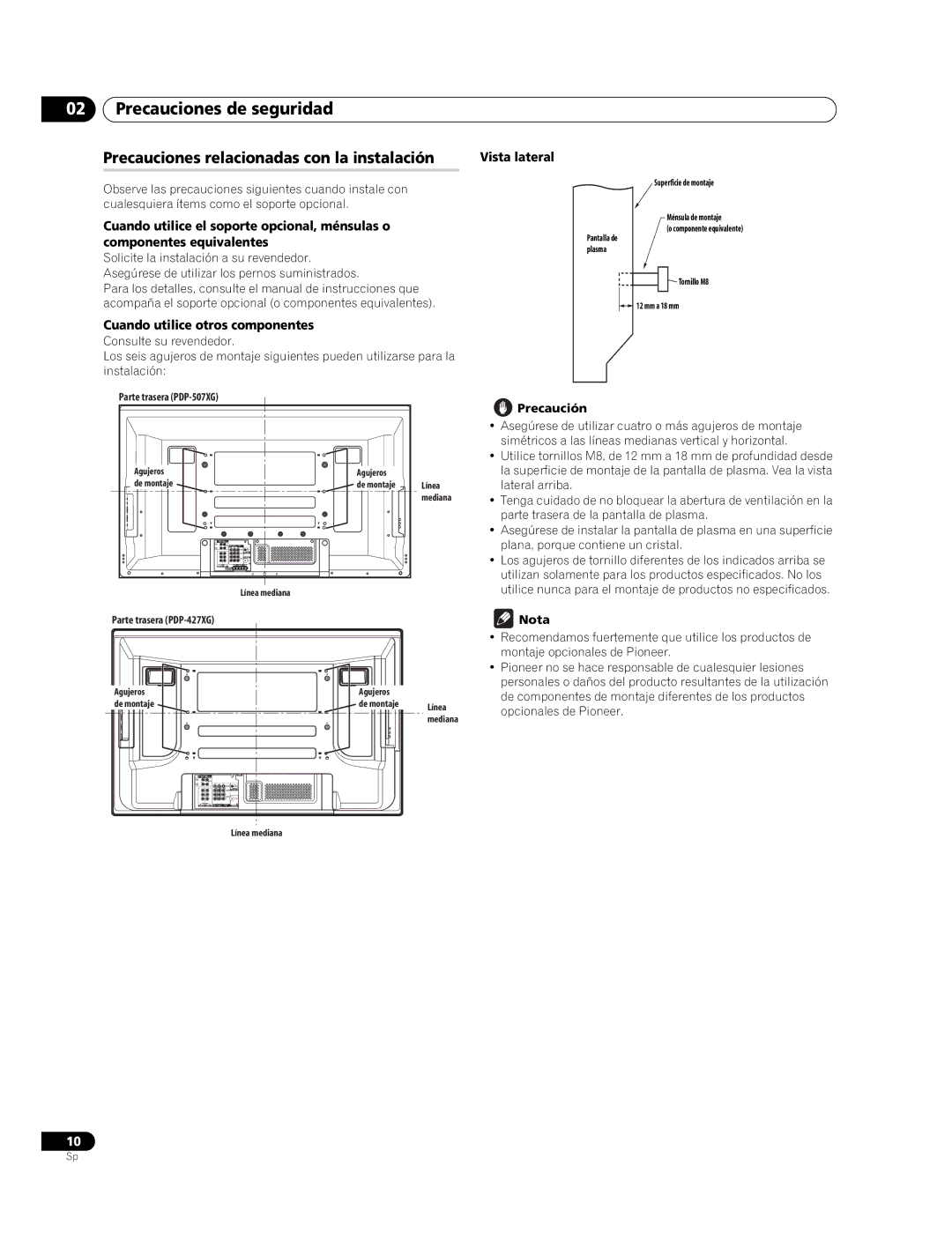 Pioneer PDP-427XG, PDP-507XG manual Precauciones de seguridad, Precauciones relacionadas con la instalación, Vista lateral 