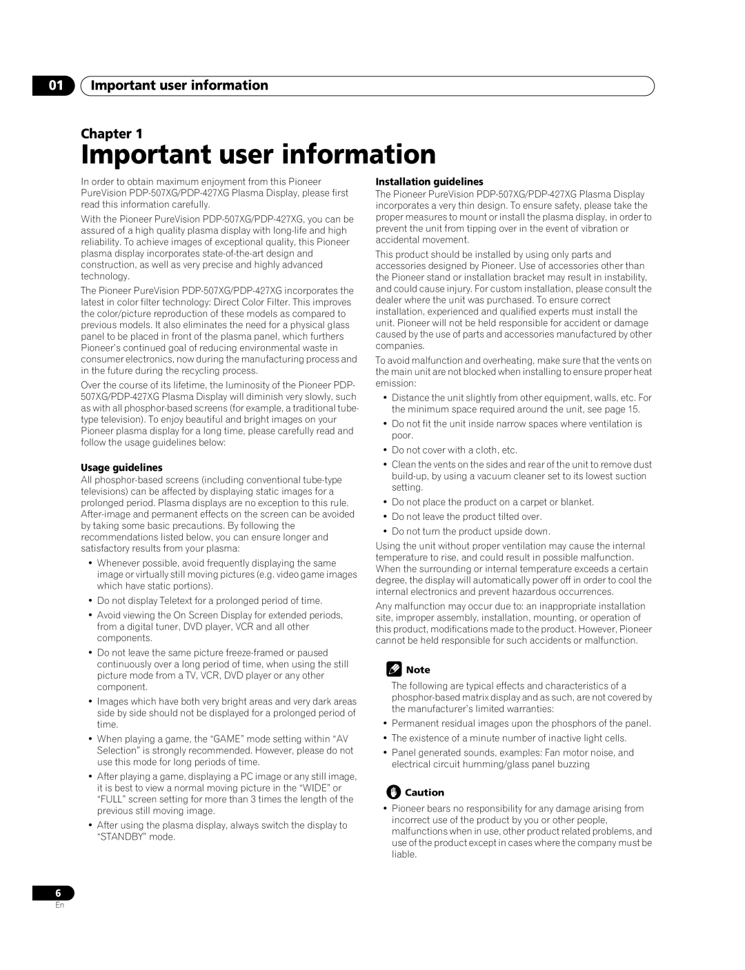 Pioneer PDP-427XG, PDP-507XG manual Important user information Chapter, Usage guidelines, Installation guidelines 