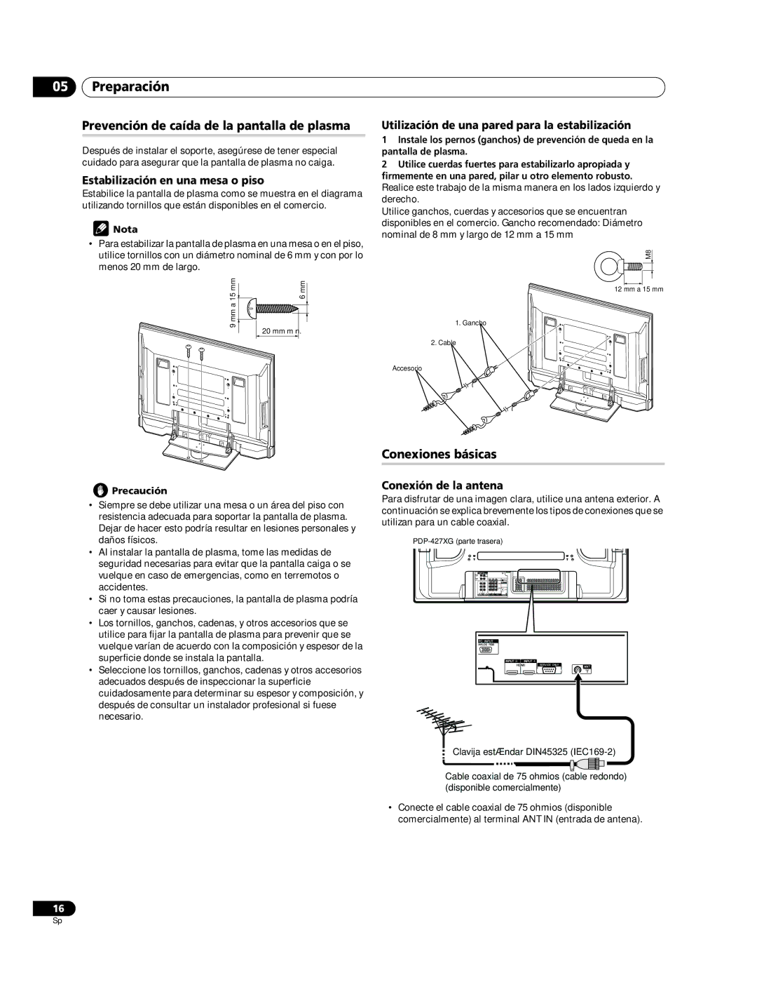 Pioneer PDP-427XG, PDP-507XG manual Preparación, Prevención de caída de la pantalla de plasma, Conexiones básicas 