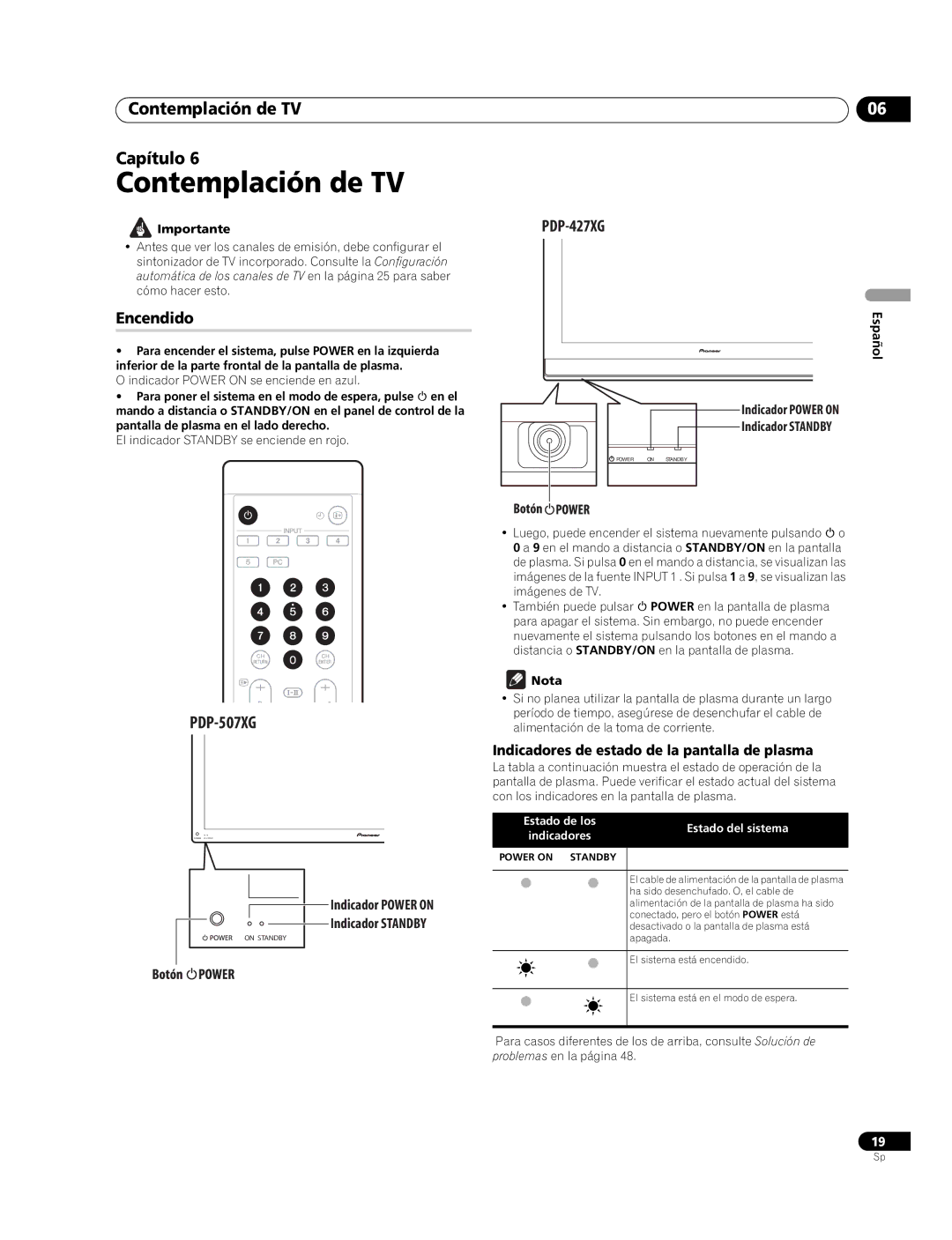 Pioneer PDP-507XG, PDP-427XG manual Contemplación de TV Capítulo, Encendido, Indicador Power on, Indicador Standby 