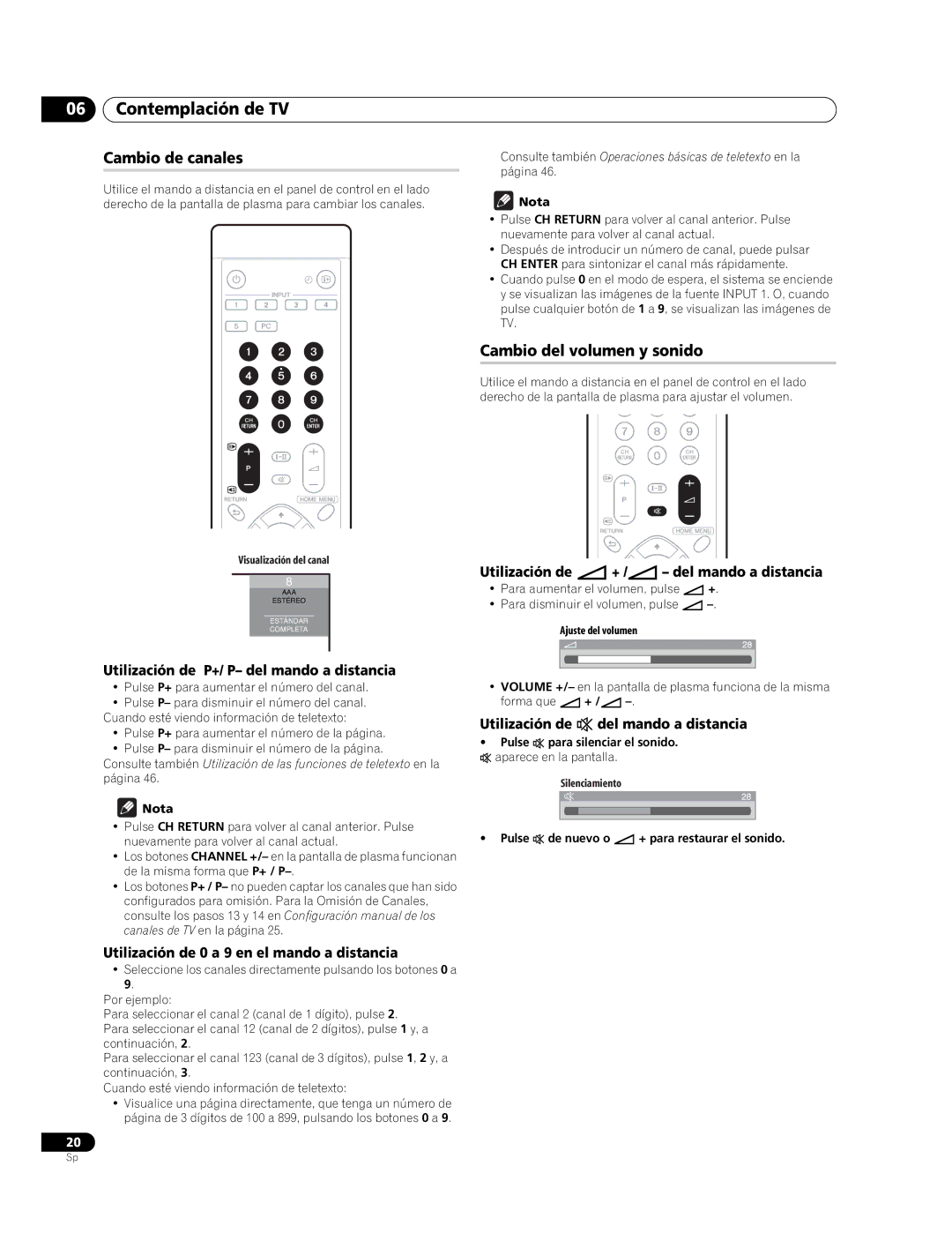 Pioneer PDP-427XG, PDP-507XG manual Contemplación de TV, Cambio de canales, Cambio del volumen y sonido 