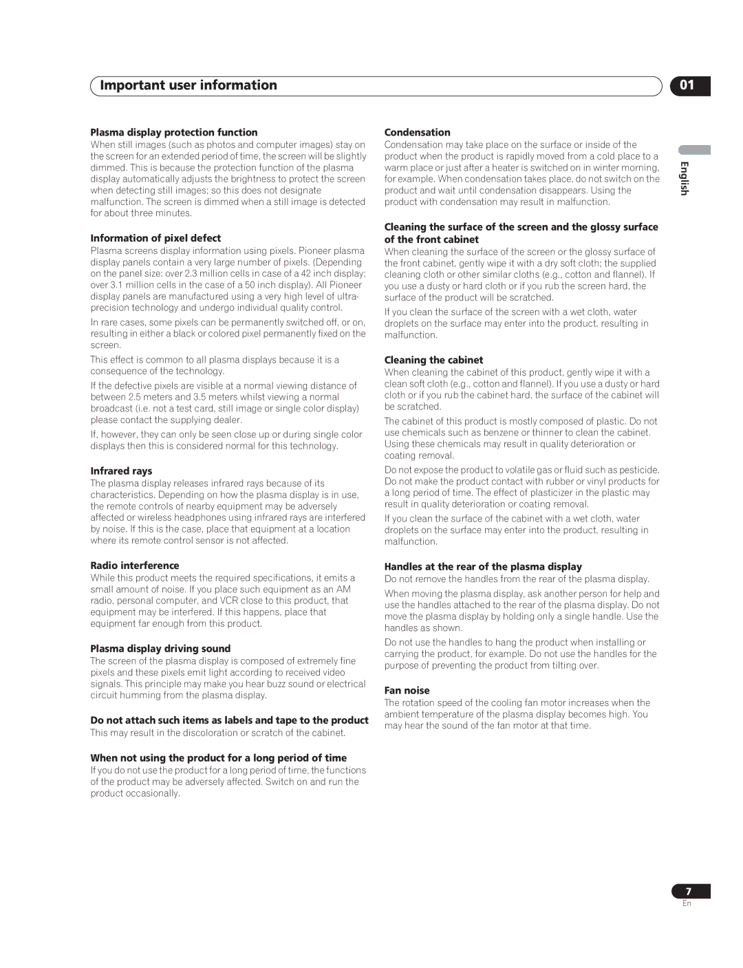 Pioneer PDP-507XG, PDP-427XG manual Important user information 