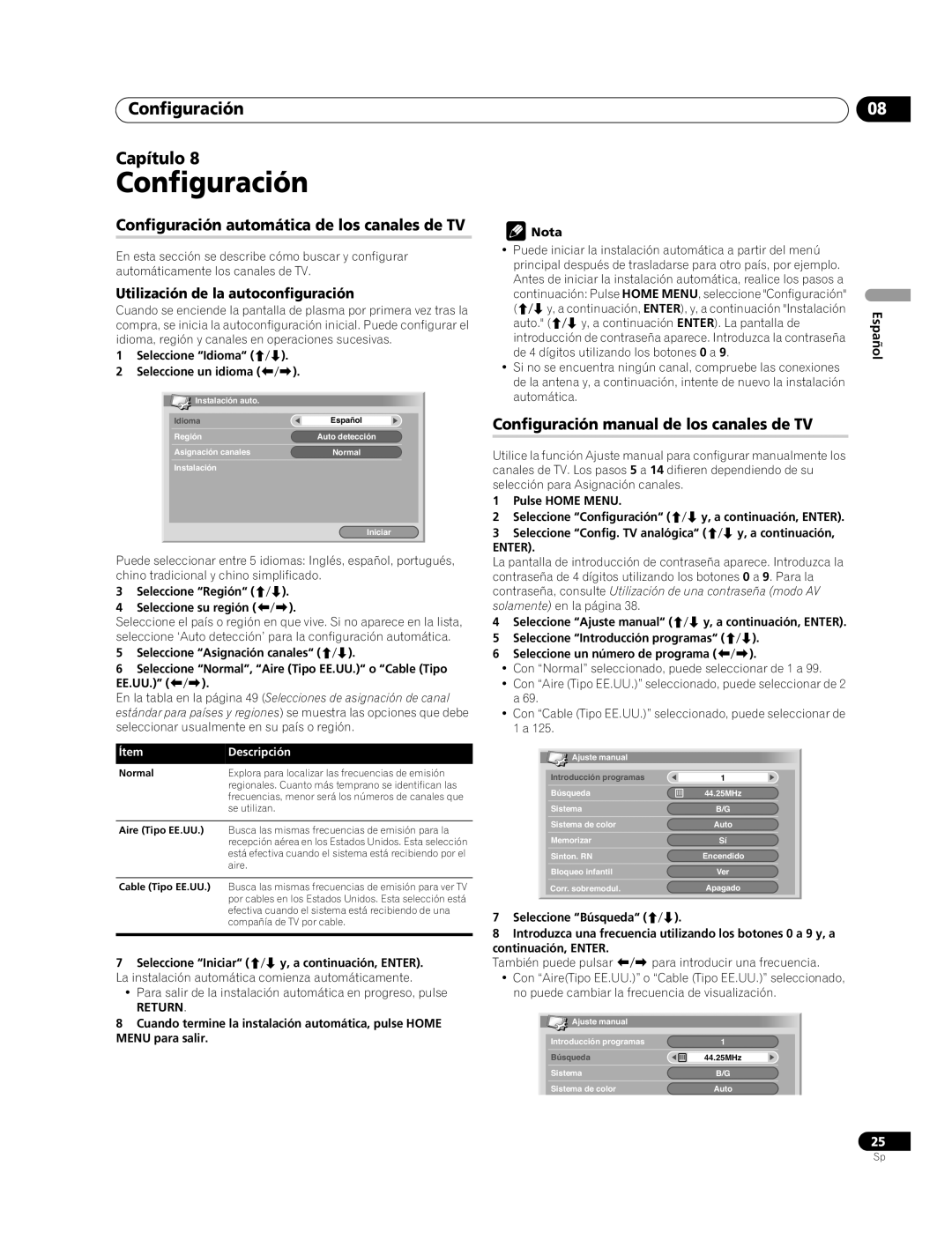 Pioneer PDP-507XG, PDP-427XG manual Configuración Capítulo, Configuración automática de los canales de TV, Ítem Descripción 