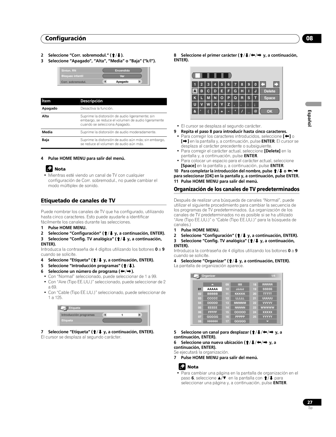 Pioneer PDP-507XG, PDP-427XG manual Etiquetado de canales de TV, Organización de los canales de TV predeterminados 