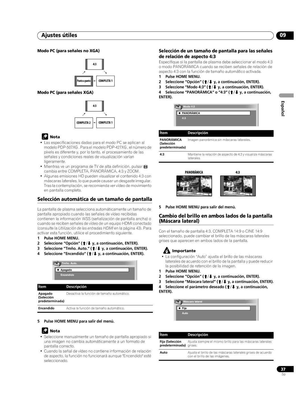 Pioneer PDP-507XG, PDP-427XG manual Selección automática de un tamaño de pantalla, ÍtemDescripción, Selección Predeterminada 