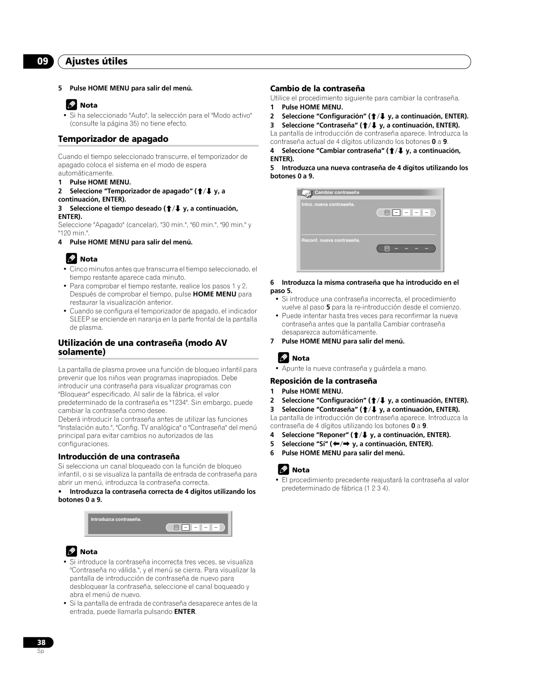 Pioneer PDP-427XG Temporizador de apagado, Utilización de una contraseña modo AV solamente, Introducción de una contraseña 