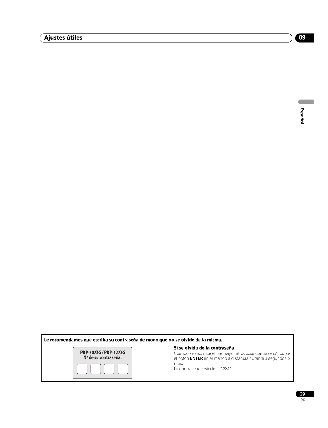 Pioneer manual PDP-507XG / PDP-427XG Nº de su contraseña, Si se olvida de la contraseña 