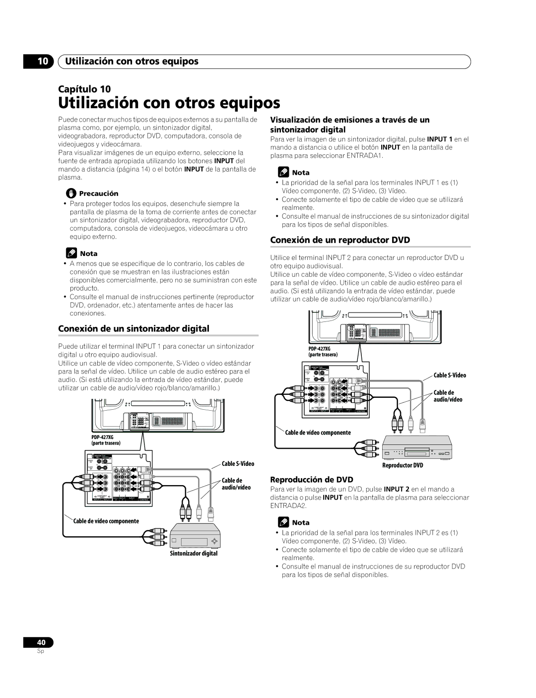 Pioneer PDP-427XG manual Utilización con otros equipos Capítulo, Conexión de un sintonizador digital, Reproducción de DVD 