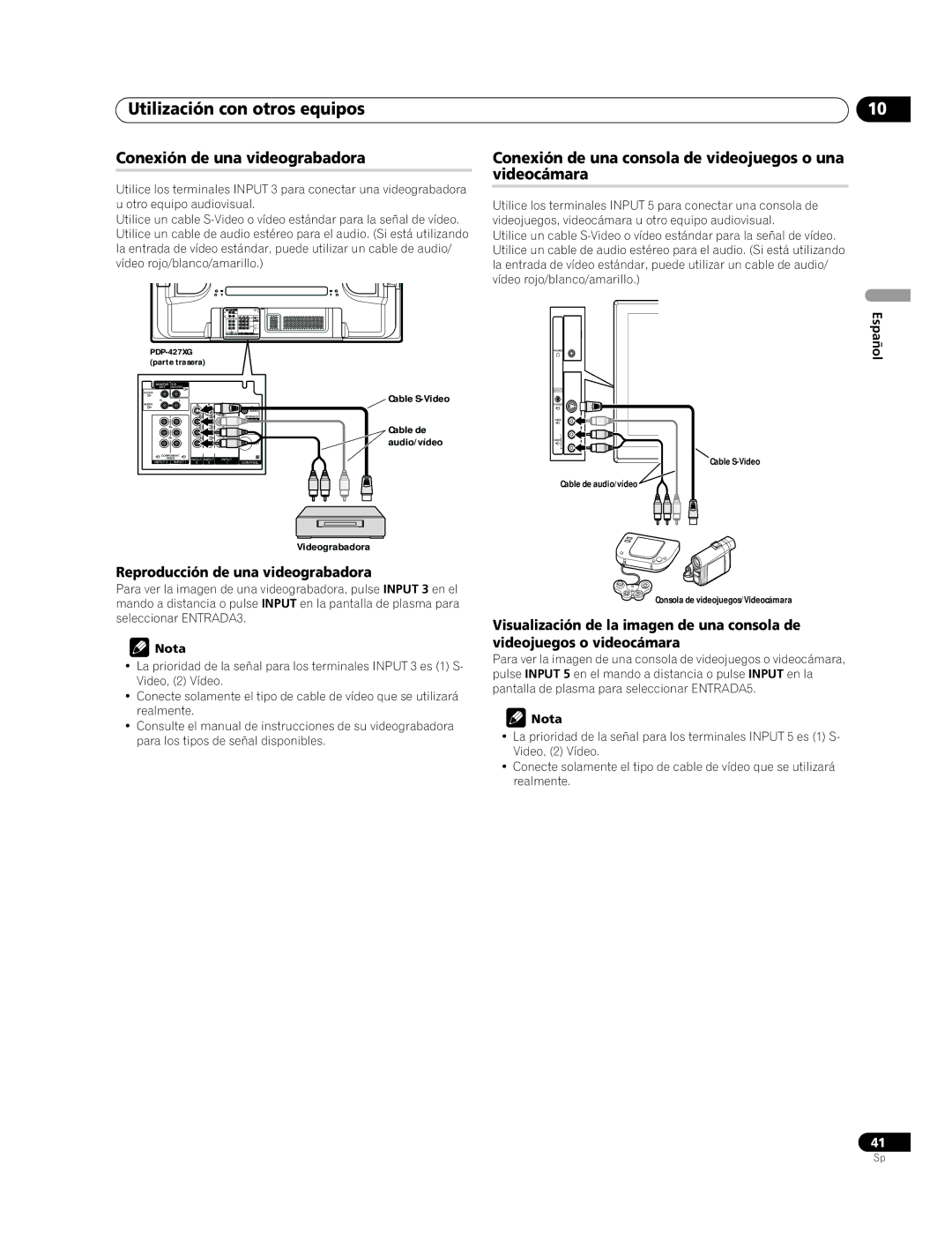 Pioneer PDP-507XG manual Utilización con otros equipos, Conexión de una videograbadora, Reproducción de una videograbadora 