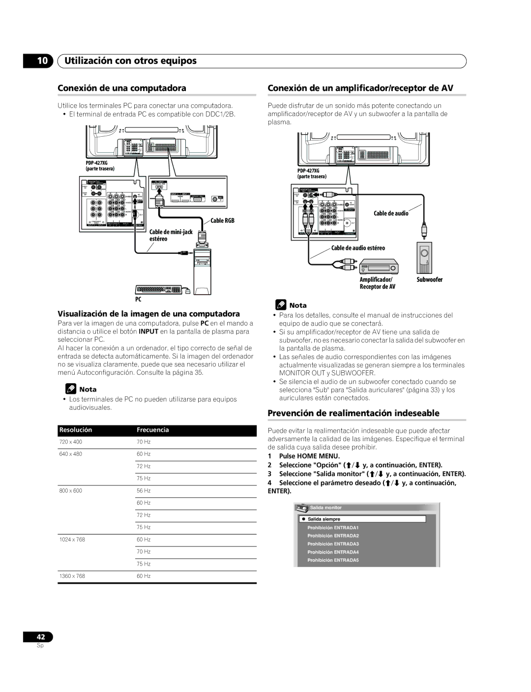 Pioneer PDP-427XG manual Conexión de una computadora, Conexión de un amplificador/receptor de AV, Resolución Frecuencia 