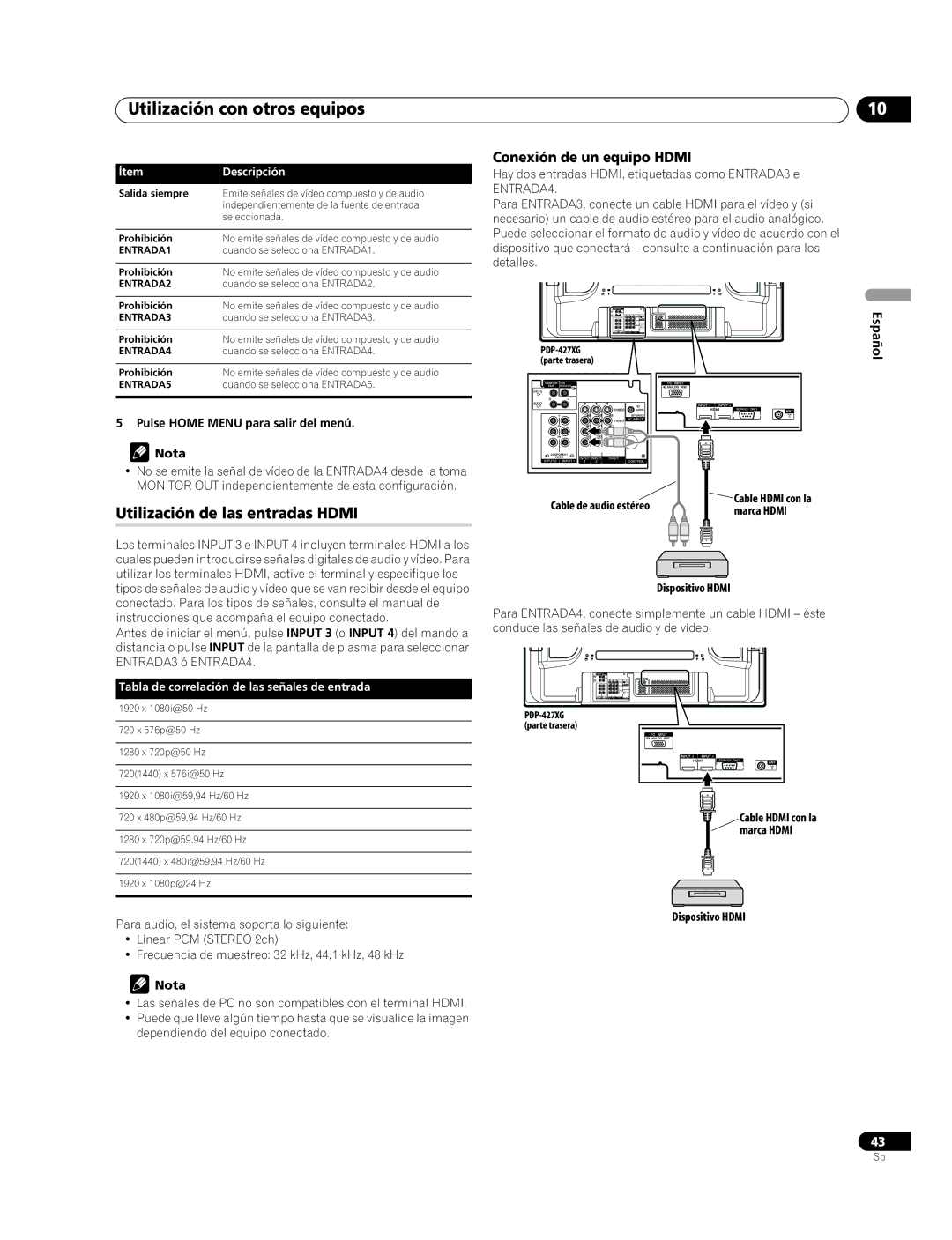 Pioneer PDP-507XG, PDP-427XG Utilización de las entradas Hdmi, Conexión de un equipo Hdmi, Marca Hdmi, Dispositivo Hdmi 