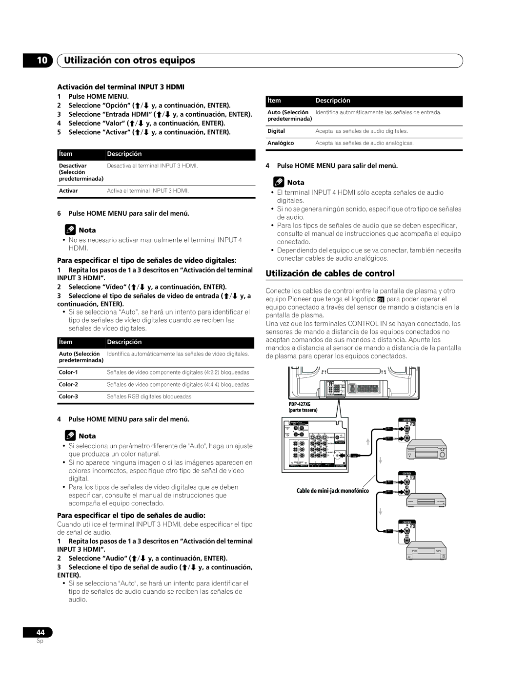 Pioneer PDP-427XG Utilización de cables de control, Activación del terminal Input 3 Hdmi, Cable de mini-jack monofónico 