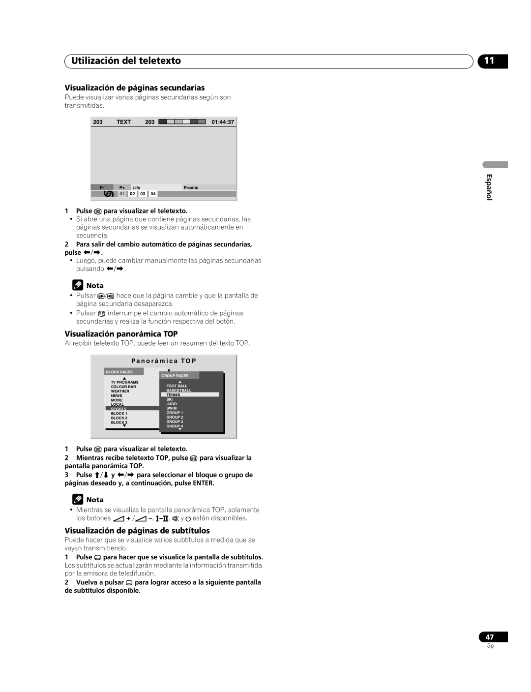 Pioneer PDP-507XG, PDP-427XG Utilización del teletexto, Visualización de páginas secundarias, Visualización panorámica TOP 