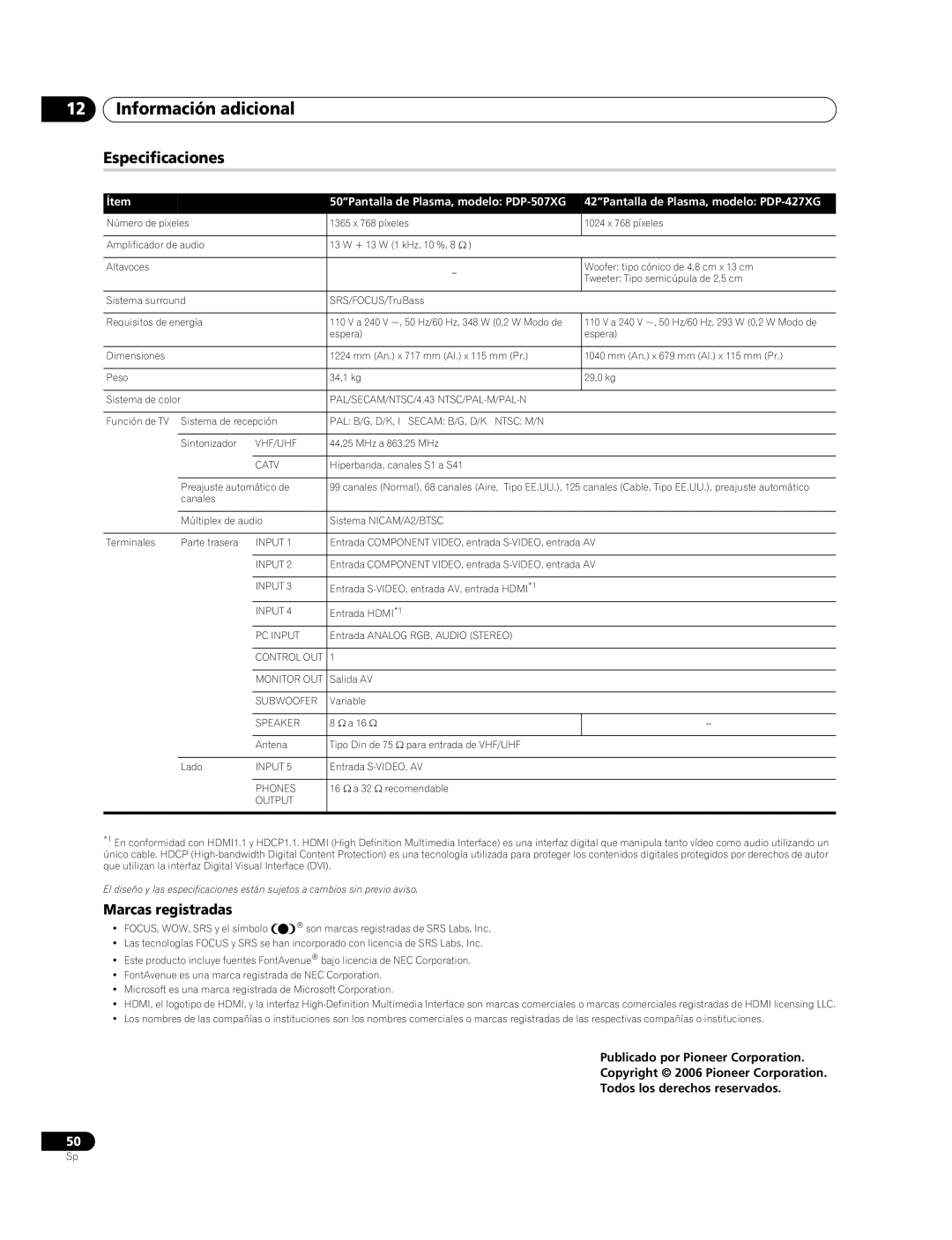 Pioneer PDP-427XG, PDP-507XG manual Información adicional, Especificaciones, Marcas registradas 