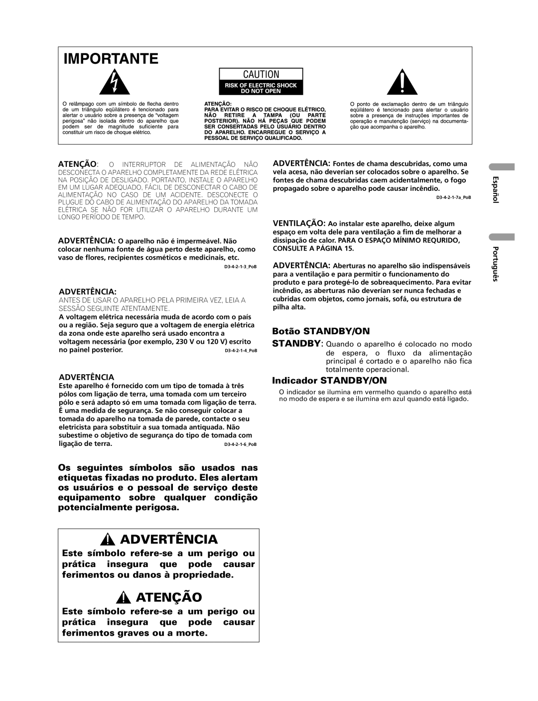 Pioneer PDP-507XG, PDP-427XG manual Botão STANDBY/ON, Español Português, Ligação de terra 