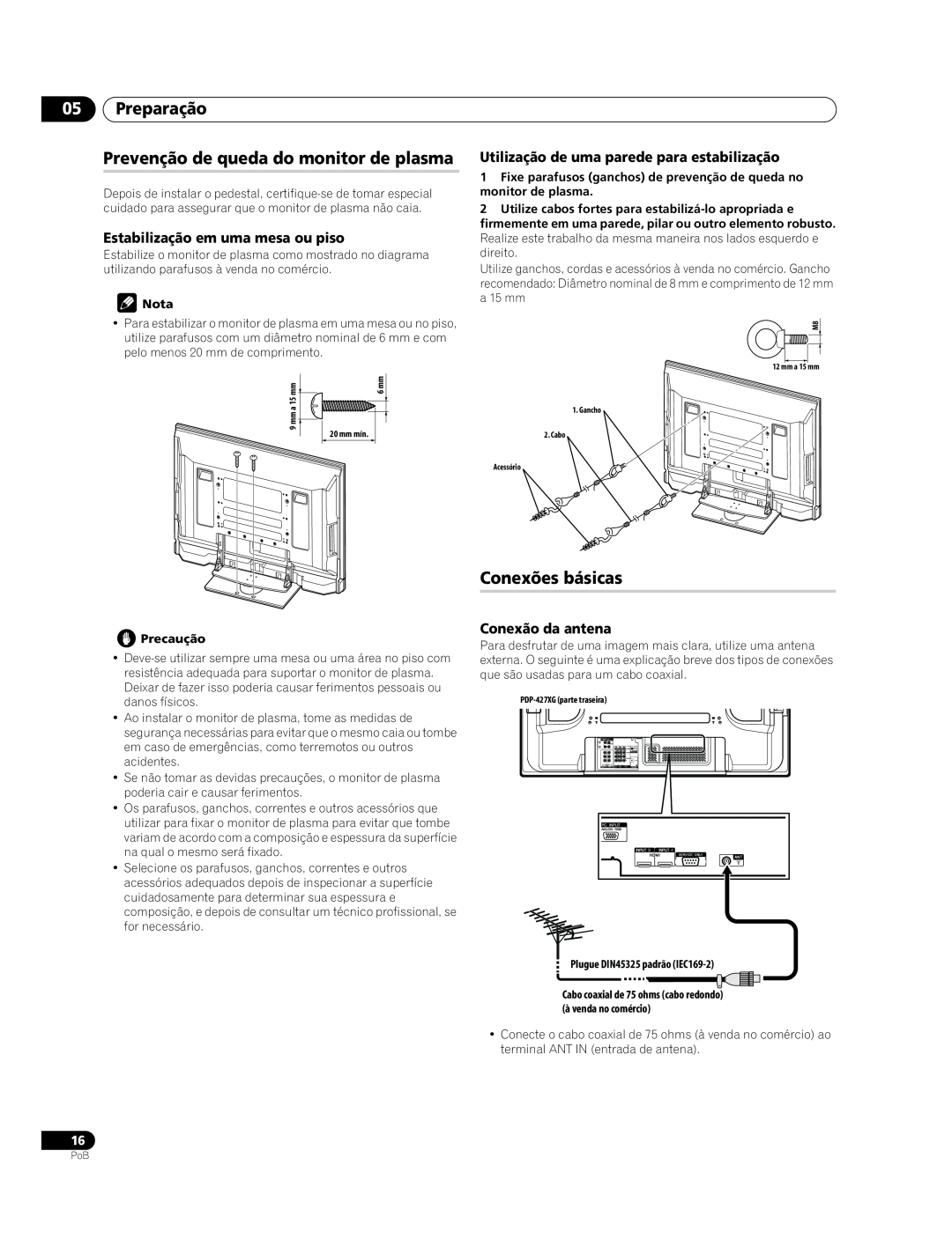 Pioneer PDP-427XG Preparação Prevenção de queda do monitor de plasma, Conexões básicas, Estabilização em uma mesa ou piso 