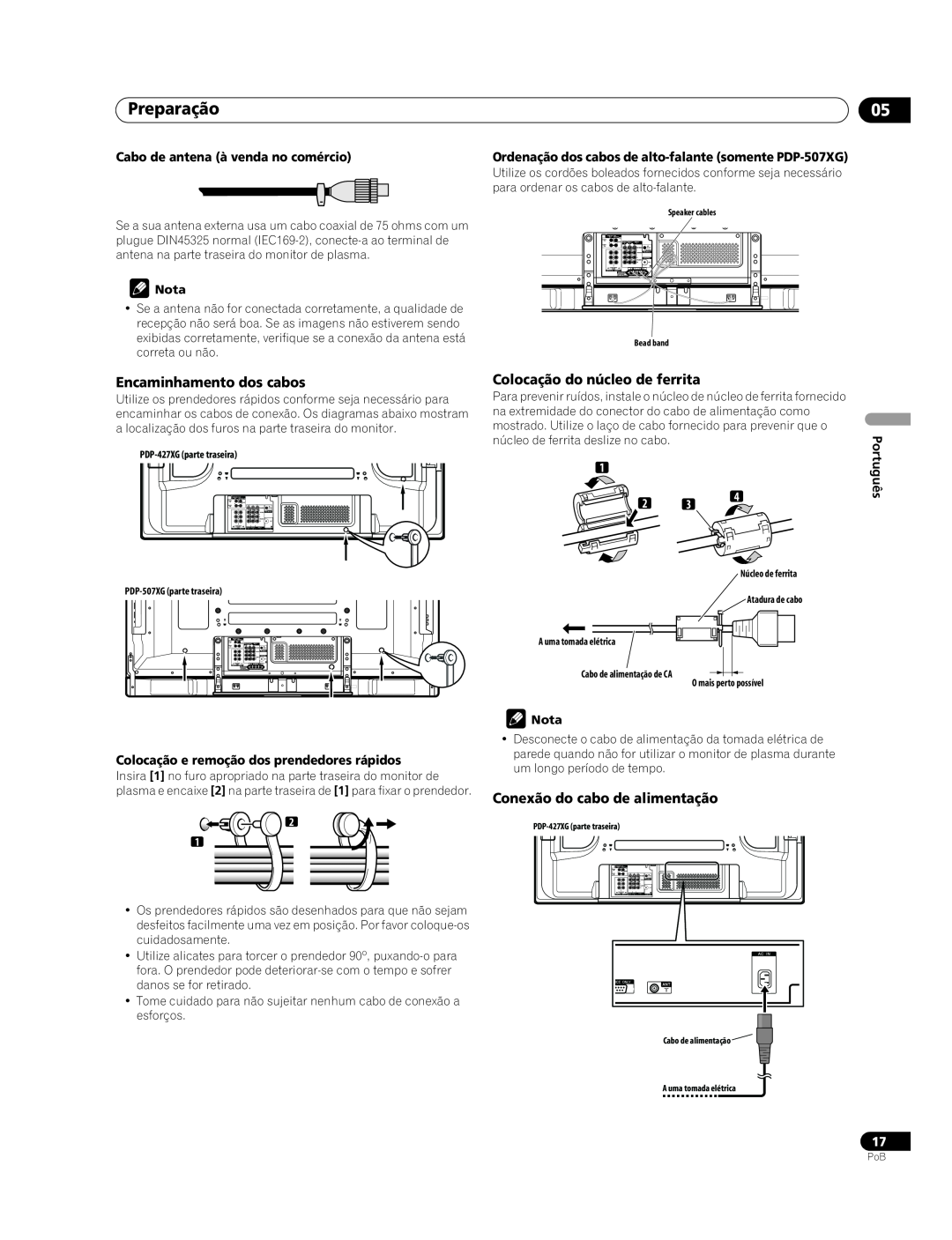 Pioneer PDP-507XG Preparação, Encaminhamento dos cabos, Colocação do núcleo de ferrita, Conexão do cabo de alimentação 