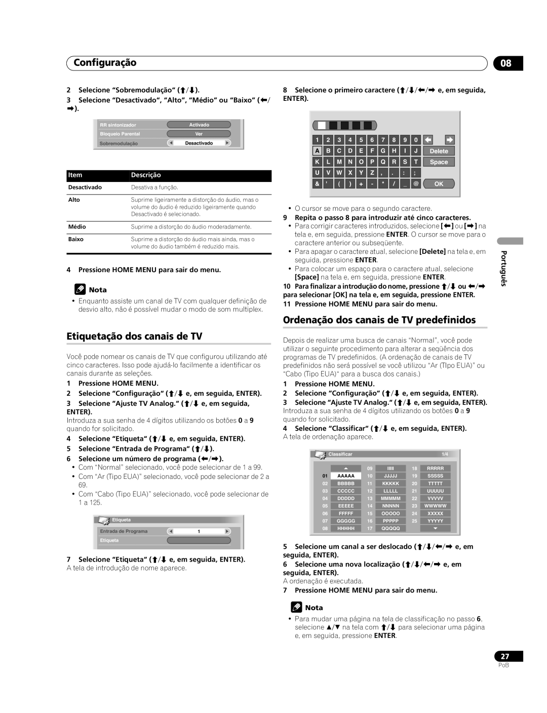 Pioneer PDP-507XG Configuração, Etiquetação dos canais de TV, Ordenação dos canais de TV predefinidos, Português, Alto 