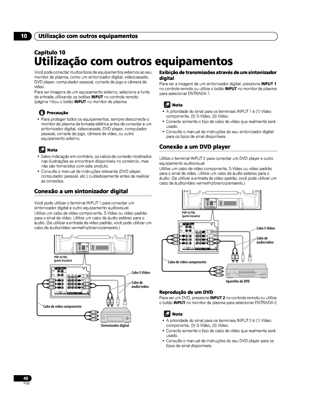 Pioneer PDP-427XG manual Utilização com outros equipamentos Capítulo, Conexão a um DVD player, Reprodução de um DVD 