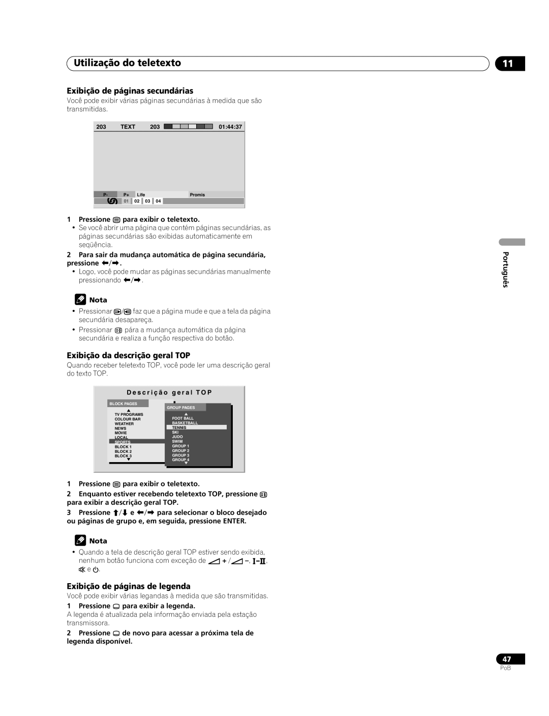 Pioneer PDP-507XG Utilização do teletexto, Exibição de páginas secundárias, Exibição da descrição geral TOP, Português 
