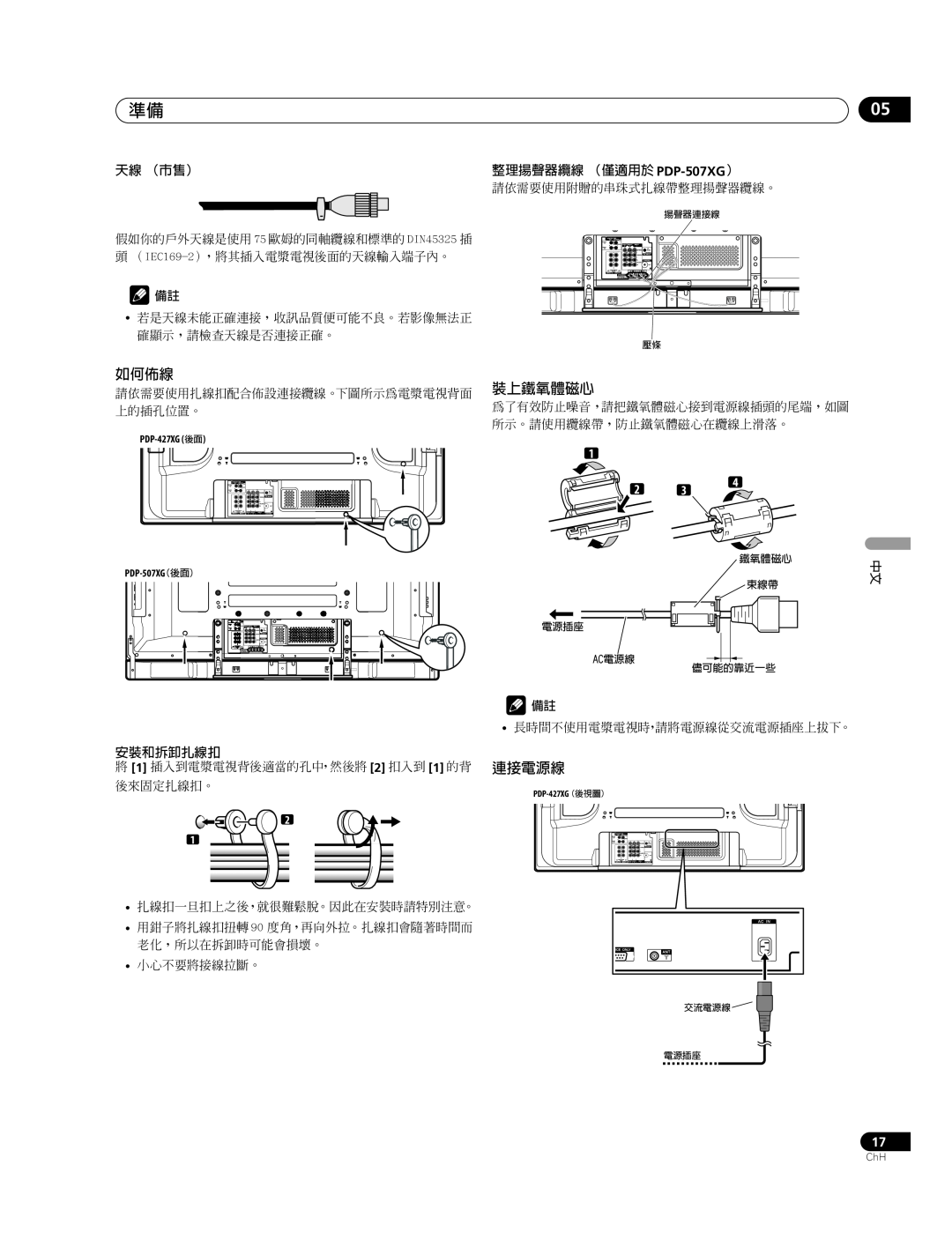Pioneer PDP-427XG manual 如何佈線, 裝上鐵氧體磁心, 連接電源線, 天線 （市售）, 整理揚聲器纜線 （僅適用於 PDP-507XG）, 安裝和拆卸扎線扣 